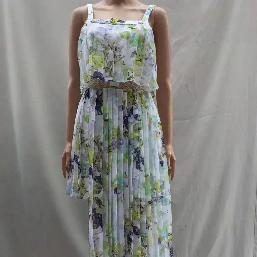 BCBGeneration Floral Fairycore Boho Tiered Maxi Dress 4 Pleated Sleeveless NWT